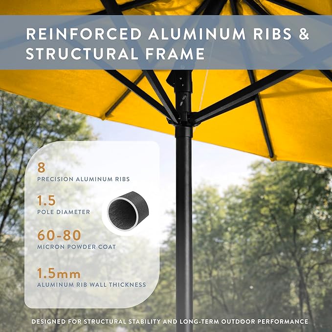 California Umbrella 8-Year Protection 9 Ft Outdoor Patio Umbrella, Solstice Fade-Resistant Fabric, Auto-Tilt, Heavy Duty Aluminum Frame, 8 Reinforced Ribs for Pool or Deck, Black Pole, Lemon