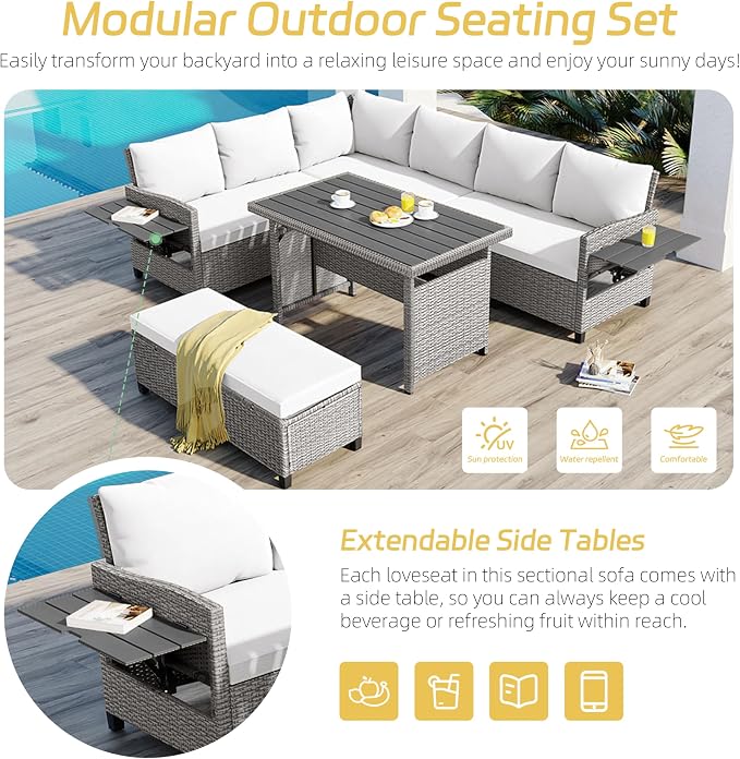 Polibi 5-Piece Outdoor Sectional Conversation Set Sofa, Rattan Wicker L-Shaped Patio Furniture Sets with 2 Extendable Side Tables, Patio Dining Table,Patio Benches for Outdoors,White