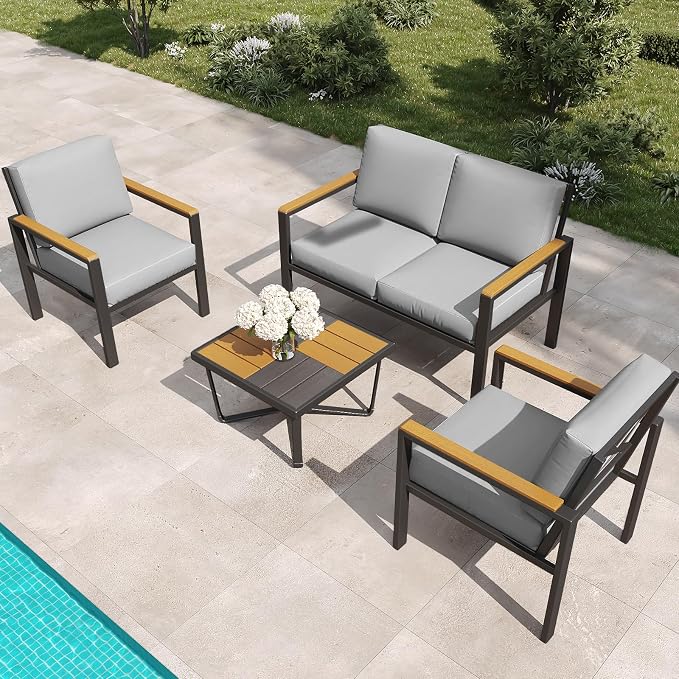 4-Piece Outdoor Patio Furniture Set, Metal Conversation Sofa Set with Deep Cushions & Wood-Like Armrests, Modern Patio Seating with Coffee Table for Garden, Porch, Balcony, Backyard (Grey)