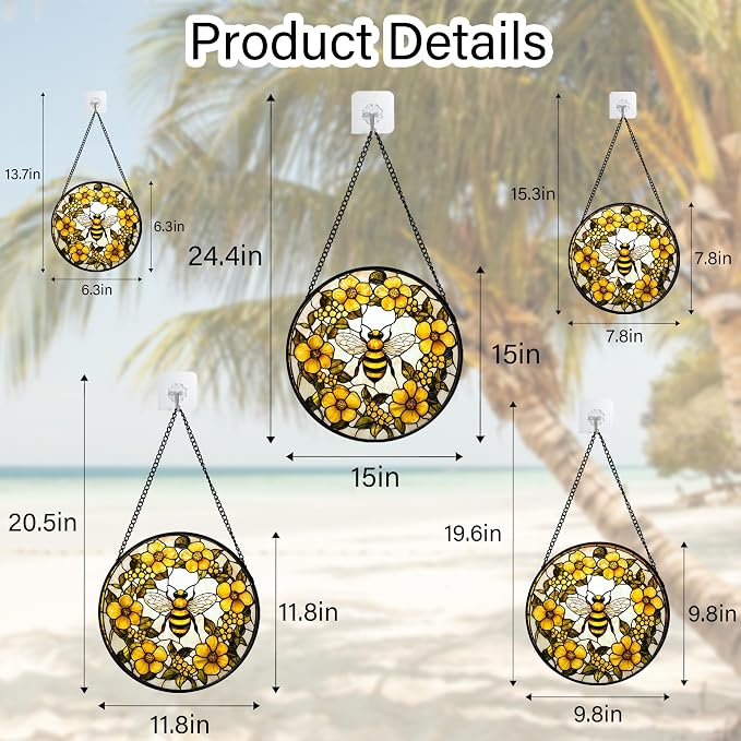 Stained Glass Window Hanging - Yellow Flowers Surrounded by Bees Sun Catcher for Door Garden Home Decor Cute Suncatcher Christmas Mother's Day Birthday Gifts for Women Men Mom Nana 15 in
