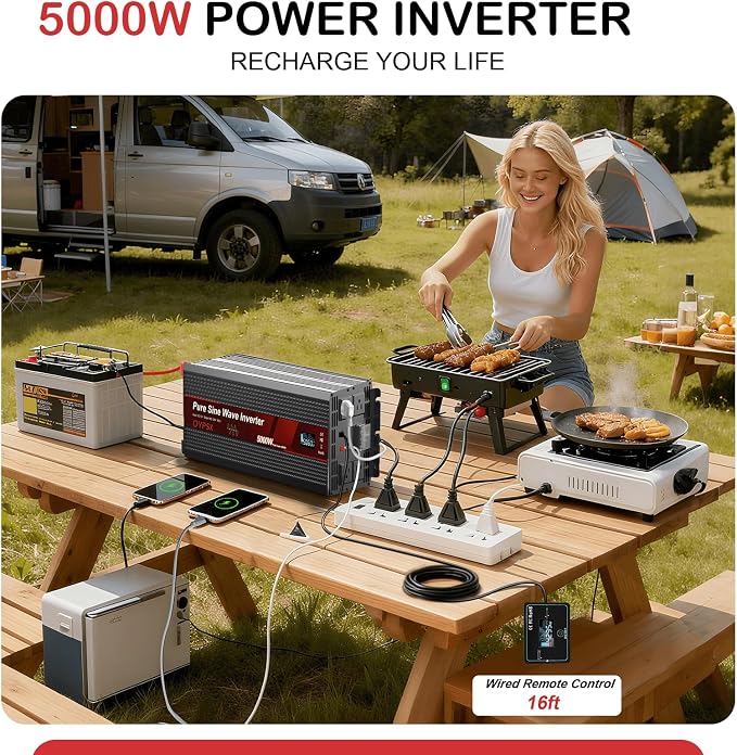 5000W Power Inverter 24V to 110V 120V AC Pure Sine Wave Inverter for RVs Truck Camping,Outdoor Off-Grid Power Converter with LCD Display,Wired Controller,AC Outlets USB Ports(24V-5000Watts)