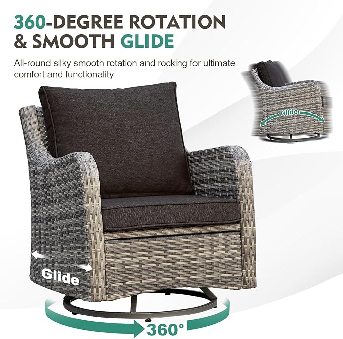 MEISSALIVVE 3 Pieces Patio Furniture Set with Swivel Chair, Outdoor Swivel Rocker with Washable Cushions & Tempered Glass Tabletop, Outdoor Rattan Conversation Set for Lawn Backyard Porch (Black)