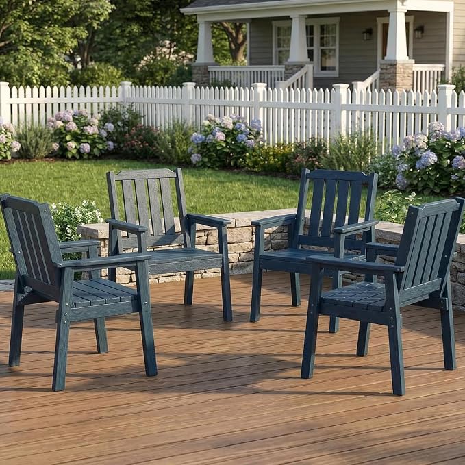 Takywep 23.9” Wide HDPE Patio Dining Chairs Set of 4, 650LBS Capacity All-Weather Yard Armchair with Slatted Seat, Heavy Duty Modern Backyard Furniture for Garden, Poolside, Deck, Blue
