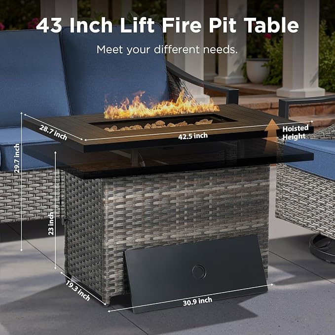 Patio Furniture Set with 42.5" Fire Pit Table-9 Pieces All Weather Wicker Outdoor Furniture with High Back Swivel Patio Chairs Set of 4 Outdoor Patio Conversation for Deck Garden Blue/Gray