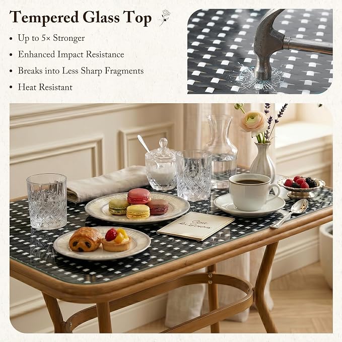 PURPLE LEAF 7-Piece French Bistro Dining Set Rectangle Outdoor Patio Table and 6 Armless Chairs Tempered Glass Top PE Rattan Champagne Print Finish Aluminum Frame Black