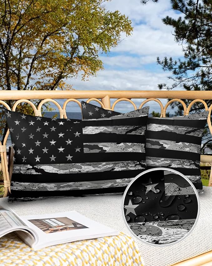 Camouflage Outdoor Throw Pillow Cover American Patriotic Flag Independence Day Waterproof Cushion Covers 2 Pack USA Star Striped Camo Pillow Cases Home Decoration for Patio Garden Couch Sofa 20x12In