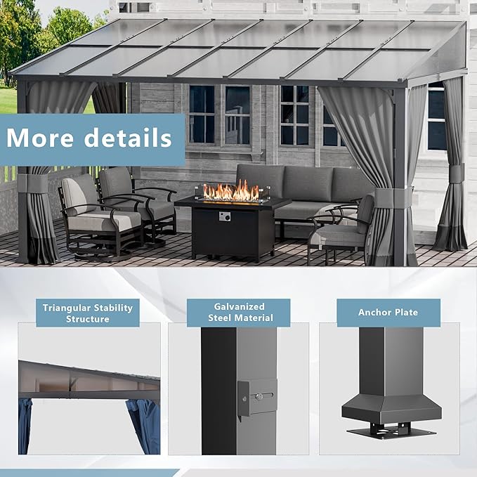 ALAULM 10'x 14' Outdoor Hardtop Pergola,Wall Mounted Lean to Gazebo with Curtains and Netting,Galvanized Metal Frame,Sunshade for Patio, Backyard, Deck and Lawns-Gray