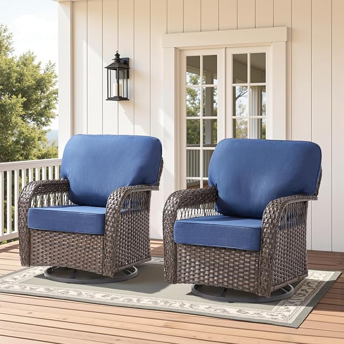 Wicker Swivel Rocker Patio Chairs, Patio Wicker Chairs Swivel Rocker Set of 2 All Weather Glider Rocking Chair Outdoor Conversation Furniture Set for Deck Porch Garden Backyard, Blue