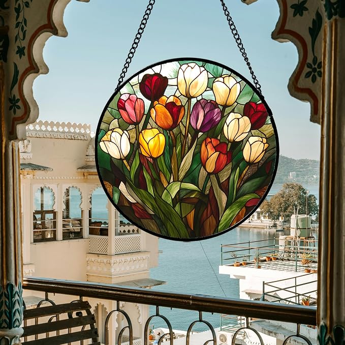Stained Glass Window Hanging Colorful Tulip 9.8" - Flower Suncatcher Door Garden Sun Catcher Home Plant Decor Birthday Mother's Day for Mom Woman Friend Nana Colleague