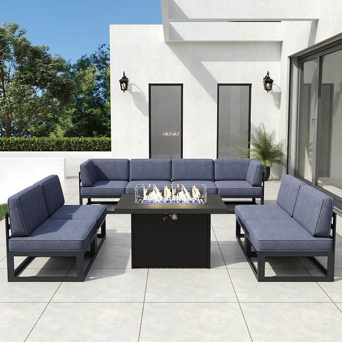 9 Pieces Aluminum Patio Furniture Set with Propane Gas 44" Fire Pit Table, Metal Outdoor Conversation Sofa Set with Seating Cushions
