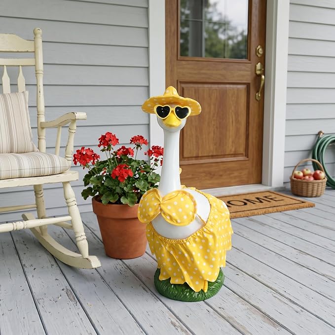 20″ Large Porch Goose Statue Décor - Resin Porch Goose with Yellow Summer Bikini Outfits, Garden Decor Sculpture, White Duck Figurine for Pool/Patio/Path/Lawn, Housewarming Birthday Gift Mum Women Men