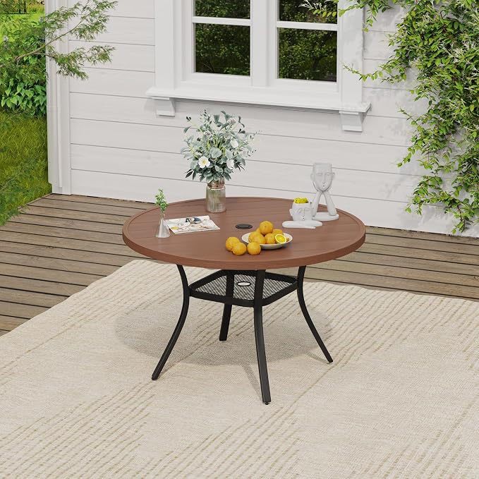 VICLLAX Round Patio Dining Set for 4, Metal Slatted Patio Table with Umbrella Hole and Stackable Patio Chairs for Deck Lawn Garden, Black Fabric and Walnut Tabletop