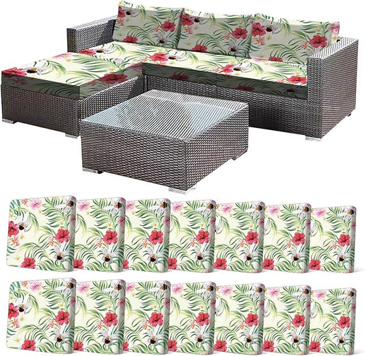 CALBODE 14 Pcs Stretch Outdoor Seat Cushion Covers, Washable Chair Seat Cover for Patio Furniture Cushions Soft Indoor and Outdoor Couch Cover Replacement (Tropical Floral, Beige,Cover Only)