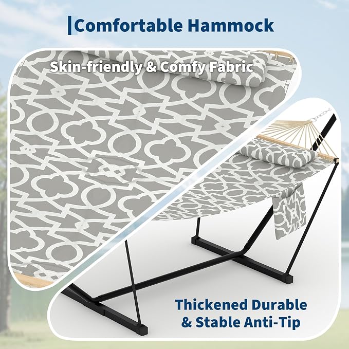 Double Hammock with Stand for Outdoor - Heavy Duty Portable 2 Person Hammock with Adjustable Steel Stand, 450 Lbs Capacity Free-Standing Fabric Hammock Bed with Spreader Bars, Pillow & Side Pocket