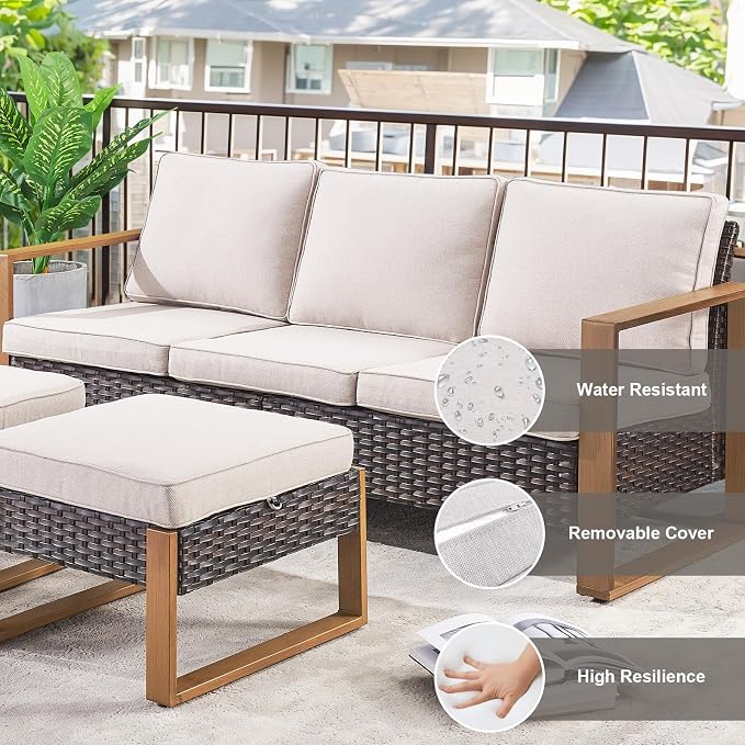 Belord 5 Piece Outdoor Wicker Patio Conversation Furniture Set Deep Seating, Metal Wide Armrests Patio Sofa Set with Rattan Chairs Ottomans for Porch Deck Sunroom Backyard
