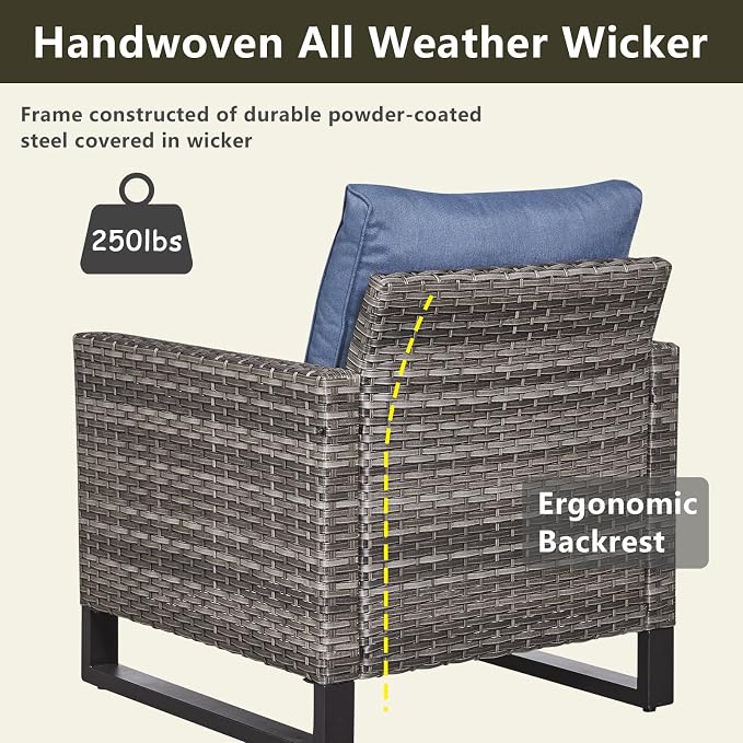 Luxury Wicker Outdoor Patio Furniture Set - 6 Piece Patio Conversation Set with 2 Armrest Chairs,2 Rattan Ottoman,1 Couch and 1 Metal Side Table for Outside Porch Deck Backyard(Mixed Grey/Blue)