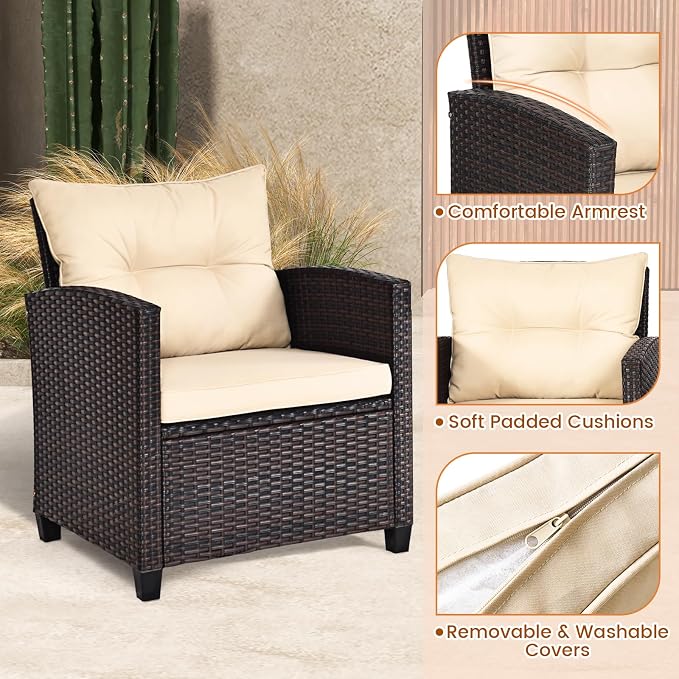3-Pieces Patio Furniture Set, PE Wicker Chairs Sofa Set with Removable Cushions & Glass Top Side Table, Outdoor Wicker Rattan Conversation Chair for Porch,Backyard, Balcony (Light Yellow)