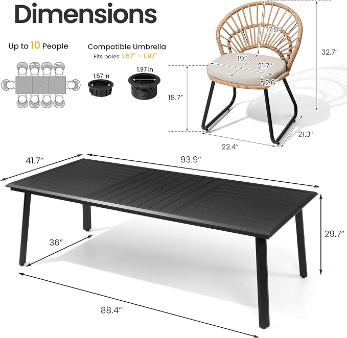 11 Piece Aluminum Patio Dining Set with Rattan Outdoor Chairs | 94" Large Rectangle Dining Table with Umbrella Hole, 10 Shell Shaped Side Chairs with Beige Cushions for Backyard Garden Deck