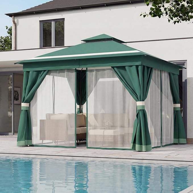 LAUSAINT HOME Patio Gazebo 12'x12', Outdoor Heavy Duty Party Tent Shelter with Double Roofs, Mosquito Nettings and Privacy Screens for Backyard, Garden, Lawn, Forest Green