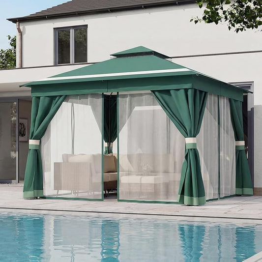 LAUSAINT HOME Patio Gazebo 12'x12', Outdoor Heavy Duty Party Tent Shelter with Double Roofs, Mosquito Nettings and Privacy Screens for Backyard, Garden, Lawn, Forest Green