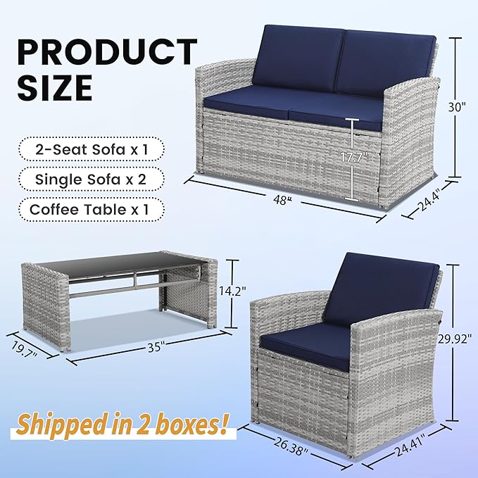 KROFEM 4-Piece Patio Furniture Set, Wicker Outdoor Rattan Sectional Sofa with Cushions and Glass Table, All-Weather Outdoor Conversation Set for Garden, Porch, Backyard, Patio, Blue