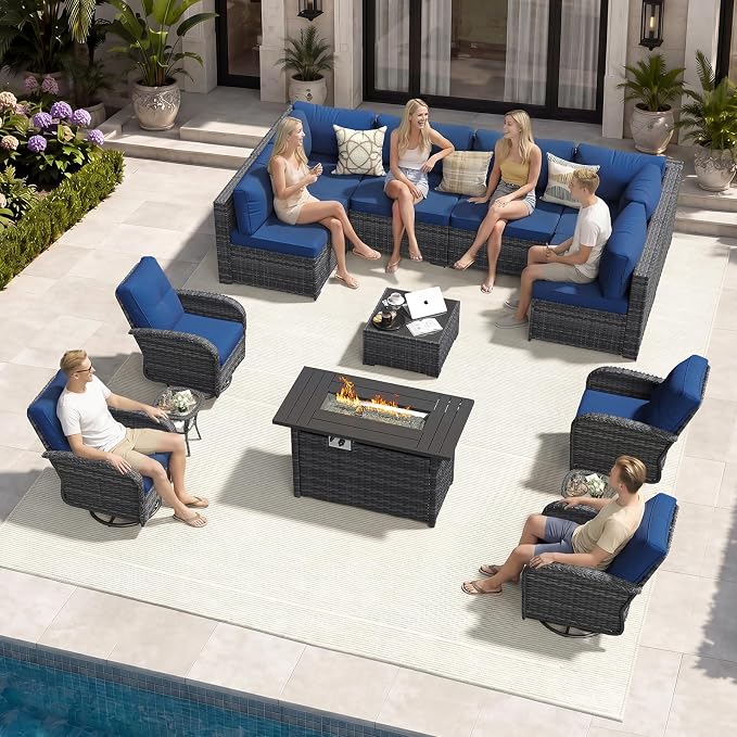 Aoxun 14 Piece Outdoor Patio Furniture Set with 44'' Fire Pit Table, Wicker Rattan Outdoor Furniture with High Back Swivel Rocker Chairs, Outdoor Sofa Set with Thick Cushion & Side Table, Navy Blue