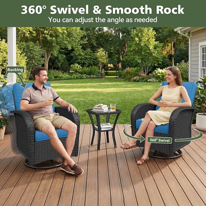 Aoxun 12 Piece Outdoor Patio Furniture Set with Coffee Table, Wicker Rattan Outdoor Furniture with High Back Swivel Rocker Chairs, Outdoor Conversation Set with Thick Cushion & Ottoman, Peacock Blue