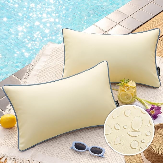 Phantoscope Pack of 2 Outdoor Waterproof Throw Pillow Covers with Contrast Piping, Decorative Square Cushion Case Patio Pillows for Couch Tent, Butter Yellow 12x20 inches