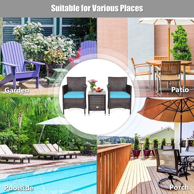 DORTALA Wicker Patio Furniture Set 3 Piece, Small Outdoor Table & Chairs Set with Cushions, All-Weather Rattan Conversation Bistro Set for Balcony, Porch, Backyard, Deck, Turquoise