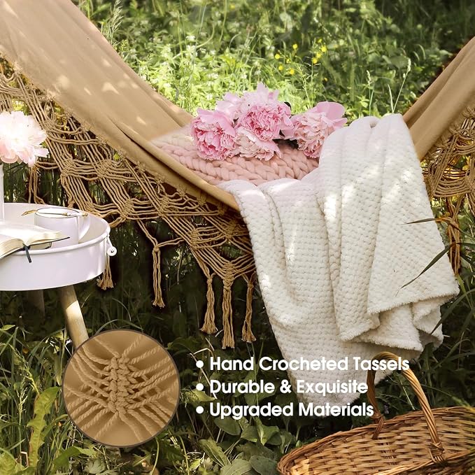 MOSFiATA Backyard Hammock with Tassels Max 500lbs Canvas Fabric Bohemian Style with Thickened Rope and Carry Bag for Outdoor, Garden, Patio, Wedding Decor (Khaki)