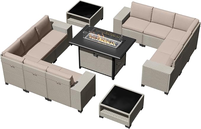 13-Piece Outdoor Patio Furniture Set with Fire Pit, Modular Sectional Sofa Set with Glass Coffee Table and Cushions, Wicker Outdoor Couch Conversation Sets, Khaki