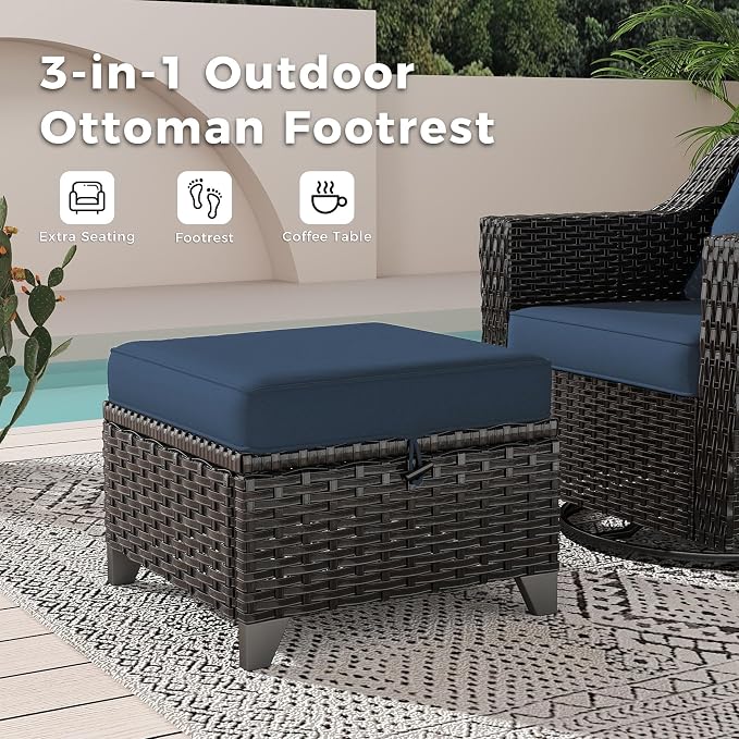 7 Pieces Patio Conversation Furniture Set - 1 Sofa, 2 Ottomans, 4 Armchairs, Outdoor Wicker Furniture with Removable Cushions for Porch, Balcony, Sunroom (Blue)