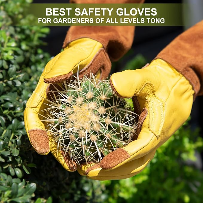 WOHEER Long Gardening Gloves for Women Thorn Proof,Rose Pruning Cowhide Leather Garden Glove for Cactus, Rose and Blackberry