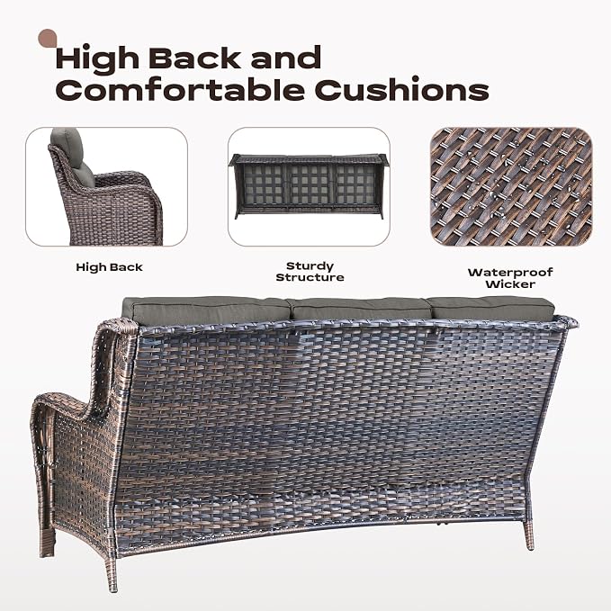 Rilyson Wicker Outdoor Patio Furniture Sets - 5 Piece Patio Conversation Sets with Swivel Rocker Chairs, Ottomans and Sofa, 6 inch Cushions, Waterproof Wicker, for Porch Deck Brown/Grey