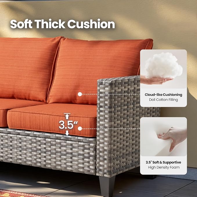 5 Piece Wicker Patio Furniture with Swivel Rocker Chair, Orange | High Back Swivel Rocker Chairs, All Weather Rattan Outdoor Sofa, Solar Lights Table, Modern Conversation Sets, Deck Backyard