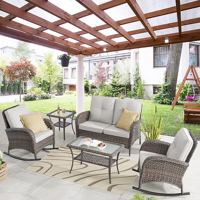 Belord Patio Wicker Furniture with Rocking Chairs Loveseat, 5 Piece Rattan Furniture Outdoor Table and Rocking Chairs Set for Patio Deck Porch Backyard Brwon/Beige