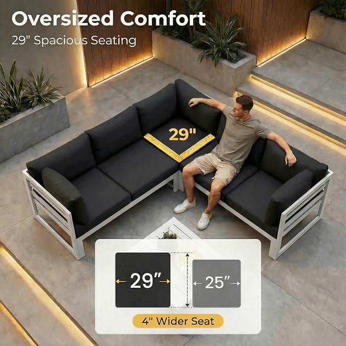 NICESOUL 8 Pcs L-Shaped Contemporary Aluminum Outdoor Furniture Set, 29" Deep Wide Large Couch Set, 500 lbs High Weight Capacity Modular Patio Sectional Sofa with Coffee Table for Garden Lawn, Black