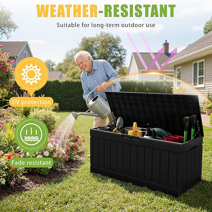 Greesum Outdoor Storage Box 82 Gallon Storage Bin with Lid for Patio Furniture, Garden Tools, Pool Supplies, Waterproof and UV Resistant, Lockable, Black