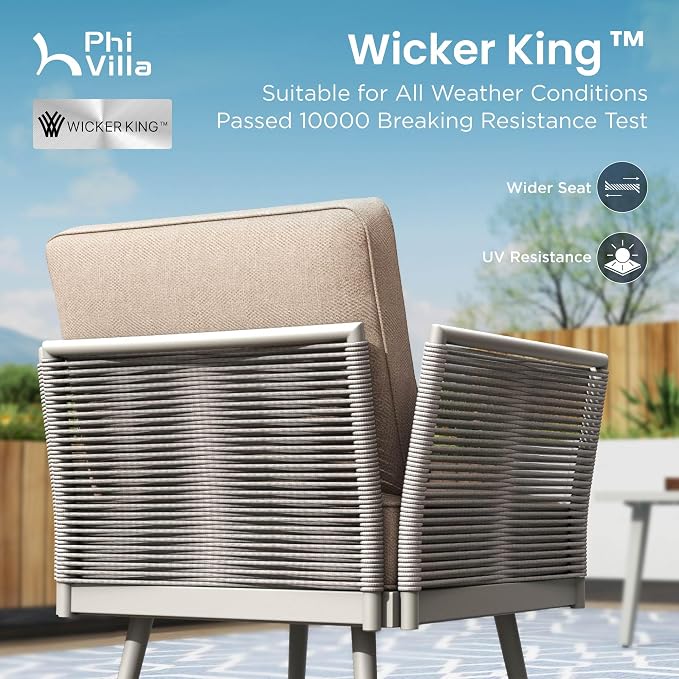 PHI VILLA 8-Piece Rope Rattan Patio Sectional Furniture Set,Modern Outdoor Conversation Set with Detachable Armrests and Grey Metal Frame,All Weather Patio Sofa with Coffee Table and Biege Cushions