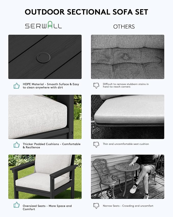 SERWALL HDPE Outdoor Couch with Coffee Table & Side Table & 15FT Umbrella