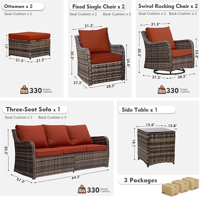 MEISSALIVVE 8 Pieces Patio Furniture Set with Swivel Chair, Wicker Patio Sofa, Rattan Conversation Set with Three-seat Sofa, 2 Fixed Single Chairt for Lawn Backyard (Red)