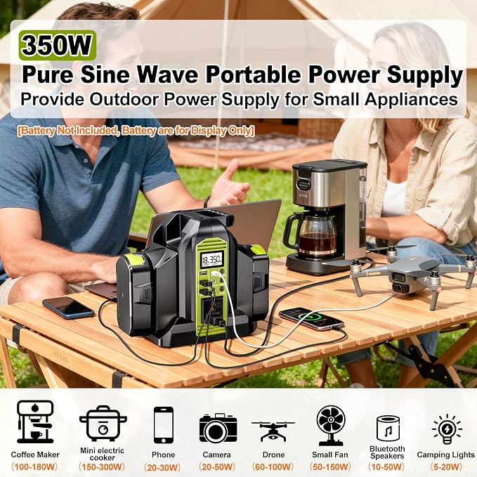 Power Inverter 2 Port for Ryobi 18V Battery, 350W Power Battery Inverter Pure Sine Wave, DC 18V to AC 120V and USB-A & USB-C Output Port for Camping, Jobsite, Emergency Backup (Tool Only)