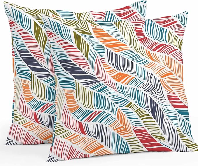 Vandarllin Outdoor Throw Pillows Covers 24x24 inch Set of 2 Waterproof Summer Beach Decorative Zippered Cushion Covers for Patio Furniture, Orange Blue Abstract Leaf Lines Lumbar Pillowcases