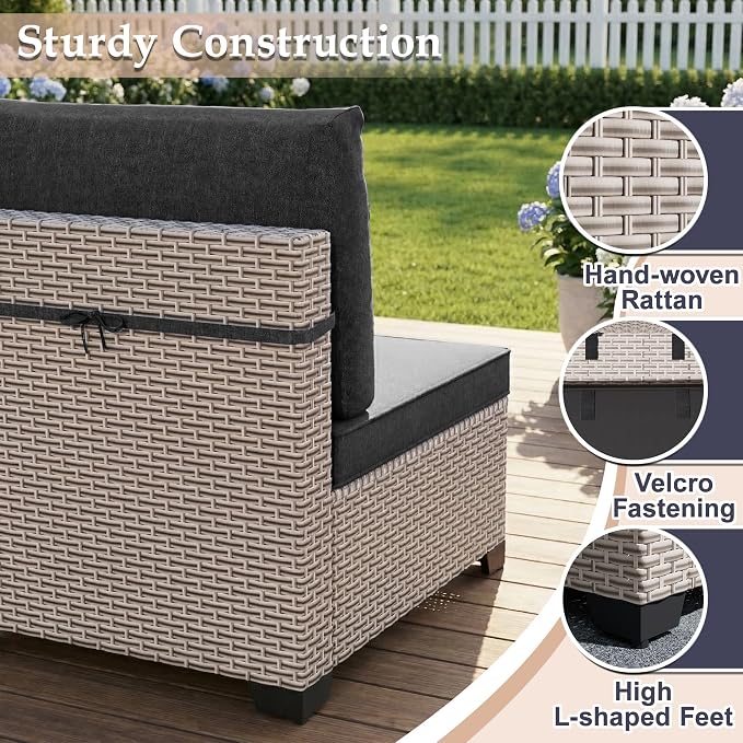 Patio Furniture Set, 14-Piece Outdoor Sectional Sofa with 2-Layer Glass Coffee Table, Wicker Patio Conversation Set with Black Cushions for Backyard, Poolside, Porch