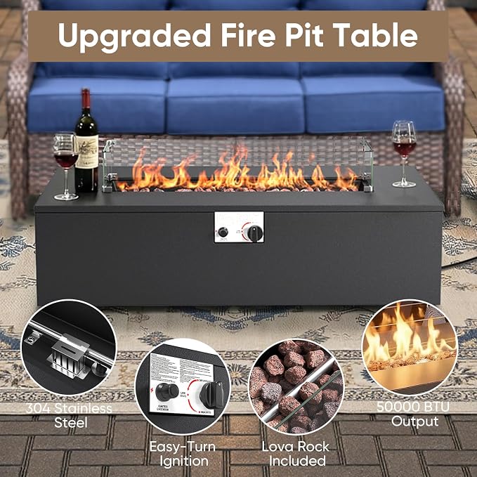 HUMMUH 9 Piece Patio Furniture Set,Outdoor Sectional Sofa Couch & Swivel Rocker Chairs,Propane Firepit with Hidden Fuel Tank,Outdoor Conversation Set for Porch,Garden,Backyard