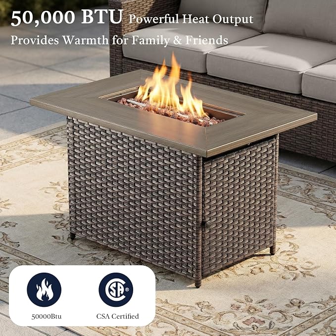 Patio Furniture Set with 41" Fire Pit Table - High Back Patio Conversation Set with 4 Inch Thick Cushions and Deep Seating Swivel Glider Chairs & Outdoor Couch for Porch Deck Yard Pool Brown