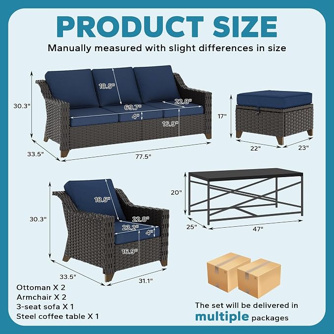 6 Pieces Outdoor Conversation Furniture Set - 77" Patio Sofa, 2 Armchairs, 2 Ottomans, 1 Metal Table, Patio Wicker Couch Set with Washable Cushions for Swimming Pool (Navy Blue)