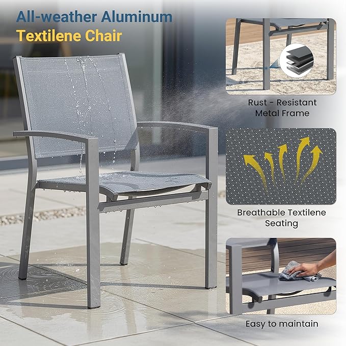 Patio Table and Chairs Set for 6, Outdoor Patio Furniture Set with Aluminum Table and Metal Textilene Chairs, All-Weather Outdoor Dining Set with HDPS Rectangular Tabletop for Garden Porch