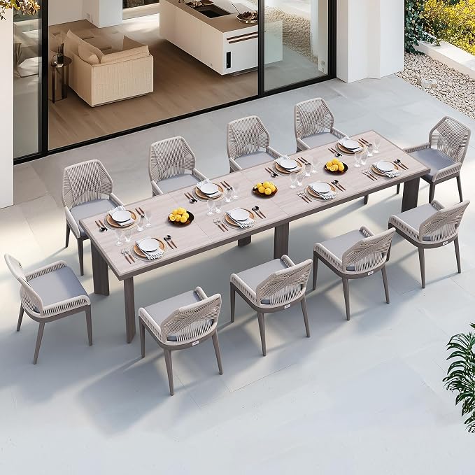 PURPLE LEAF 11 Pieces Patio Dining Set Aluminum Rectangular Table and Wicker Chairs with Cushions for Kitchen Porch Garden Modern Outdoor Furniture Sets, Light Grey