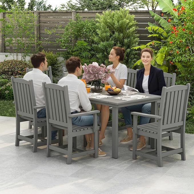 ROCSUMOO 7-Piece Outdoor Dining Table Sets, Patio HDPE Dining Table and Chair Set with Umbrella Hole, All Weather Outdoor Dining Furniture Set (Grey, 1 Table + 6 Chairs)